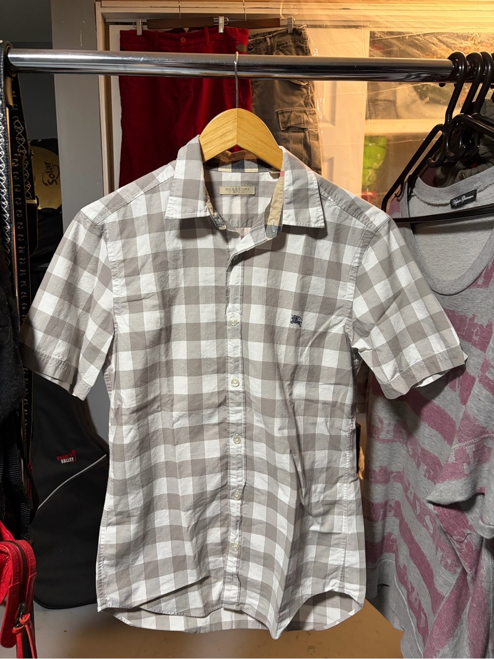 Burberry Gray and White Check Short-Sleeve Button-Down Shirt